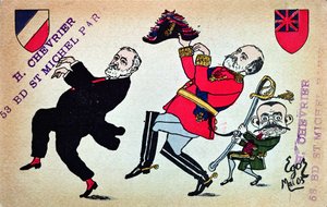 ルベー大管長（1838-1929）エドワード7世（1841-1910）とテオフィルデルカス（1852-1923）を描いたはがき、1903年5月 作： French School