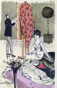 1910年の仕事でファッショナブルな肖像画家を描いたポストカード 作： French School