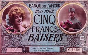 愛の銀行、1914-18年からの5つのキスフランのバウチャーの形のポストカード