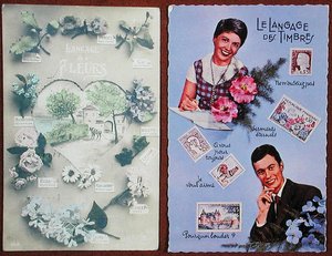 花言葉を描いたポストカード（1913年頃）、切手を描いたポストカード（1963年頃）（カラーリトグラフ 作： French School