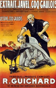 1917年にボルドーで発行されたポスター「漂白剤エキスLe Coq Gaulois-最高の漂白剤と洗浄剤-ファーストオーダーの消毒剤と防腐剤（瓶とボトルに入っている）-Manufacture de produits chimiques René Guichard」。 作： French School