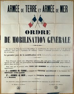 1914年8月2日、フランスの総動員を告げるポスター 作： French School
