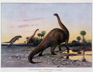 先史時代の動物：ブロンタウオーサーを襲うレイラップス - 「宇宙と人類」にて 作： French School