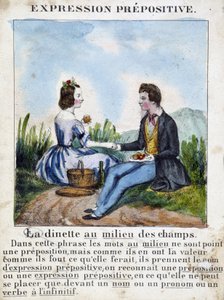 前置詞の表現（La dinette au milieu des champs） - 絵で見る文法書、1850年頃 作： French School