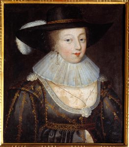 ガブリエル・デストリーズの肖像と思われる。ガブリエル・デストリーズ（1573-1599）ヘンリー4世の愛人。フランスの匿名の絵画、17世紀初頭。キャンバスに油彩、薄暗い。57x49cm。タルブ、マッセイ美術館" 作： French School