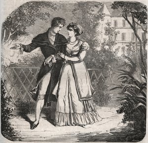 恋人のバルトロメオ・ベルガミと歩く、ブランズウィック家のカロリーナ王女（1768-1821）。ヘンリー・デ・コック（1819-1892）の『Histoire Des Cocus Celebres』に掲載された1871年のエングレーヴィング。 作： French School