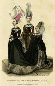 1470年頃、侍女たちと王女。1882年、パリ、オーギュスタン・シャラメル著、F.ロワ編集の「France et les francais a travers les siecles」所収のルネ王のトーナメント本に因んだカラー・エングレーヴィング。セルバ・コレクション。