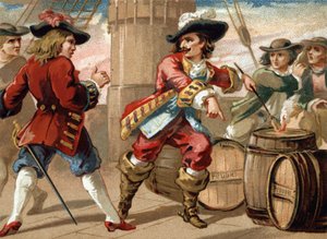 私掠船ジャン・バート（1650～1702）は、捕虜にしたイギリスの私掠船を脅して、火薬の樽に火をつけて船を爆破させた。19世紀後半のクロモリトグラフ 作： French School
