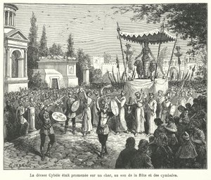 ローマの女神Cybeleの戦車の行列、それに先立つパイプ奏者とシンバル奏者（彫刻）。 作： French School