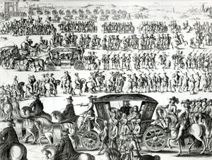 1649年8月18日、パリの街で子供としてルイ14世の若き王が登場した行列。詳細 作： French School