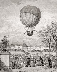 1783年12月1日、パリのトゥイユリー公園で世界初の有人水素気球を飛ばすジャック・シャルル教授とニコラ＝ルイ・ロベール（1880年頃発行の「Histoire de France」より 作： French School