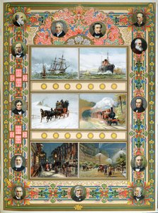 ビクトリア女王の治世中の進歩（1819-1901）。帆船、蒸気船、蒸気機関車、ガスおよび電気街路照明、1887 作： French School