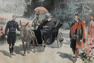 ヴィクトリア1世（1837-1901）英国女王のプロムナード、ニース近郊のホテル・シミーズの公園にて。1899年3月26日付「ル・ペレラン」誌に掲載された版画。