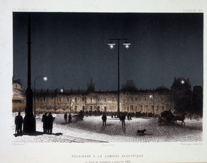 1883年、パリのカルーセル広場に設置された電灯による公共照明 - アメデ・ギユマンの「磁気と電気」に掲載されています。 作： French School