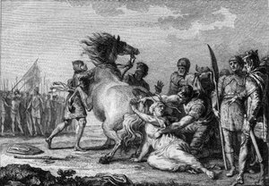ブリュネハウの処罰（613年）：アウストラシアの女王ブリュネハウまたはブリュネヒルデ（543-613）は、地面に引きずり込まれる前に、不屈の馬の尾に付けられている。18世紀のエングレーヴィング。 作： French School