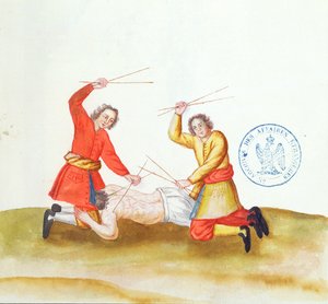 棒による罰、Voyage en Russie、1731年（ペンとインク、紙のトイレ） 作： French School