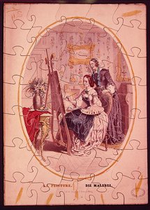 イーゼルで絵を描く女性を描いたパズルピース、1840-50年頃（カラーリトグラフ） 作： French School