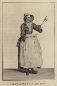 クエーカー教徒の女性が説教をしている様子（エングレービング 作： French School