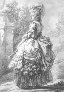 庭園を歩くマリーアントワネット女王（1755-93年）、1780年（ペン＆インクウォッシュと紙にチョーク）