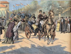 パリ行進曲の女王たちに挨拶する王妃マリー・クリスティーヌ・ド・テシェン（1858-1929）（新聞「Le Petit Parisien」より 作： French School