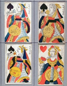 スペードの女王とハートの女王のトランプ、17世紀から18世紀（色の木版画） 作： French School