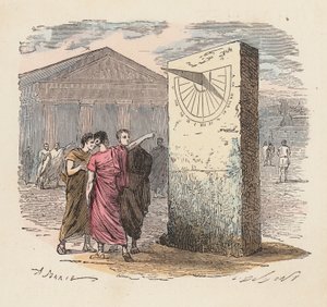 古代の日時計を使って時間を読む（色彫り） 作： French School