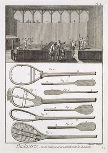 実際のテニスとラケットの構造、ロバートベナール（b.1734）によって彫刻されたデニスディドロ（1713-84）の百科事典から、c.1770を出版 作： French School
