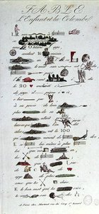 子供と鳩の寓話を描いた判じ絵、19世紀初頭（カラー彫刻） 作： French School