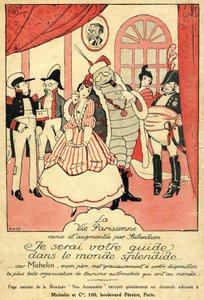 1914年、ミシュランタイヤのリコール。La Vie Parisienneのレビューとビバンダムによる補強：「私は素晴らしい世界でのあなたのガイドになります、なぜなら私の父ミシュランは世界で最も美しい自動車観光団体をあなたに与えるからです。壁には