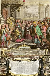 1721年3月21日、偉大なスルタン、アクメットのトルコ大使メヘメット・エフェンディをルイ15世がチュイルリーで接見。18世紀のエングレーヴィング。個人蔵。 作： French School