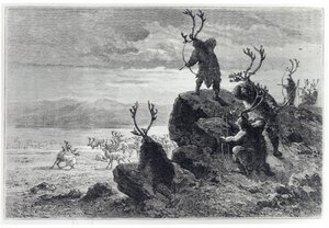 石器時代のトナカイ狩り、LHomme Primitifのイラスト、ルイフィギエ（1819-94）、アシェット発行、1870年 作： French School