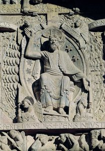 栄光のキリストを描いたレリーフ、鼓膜の最後の審判、1140年頃の詳細 作： French School