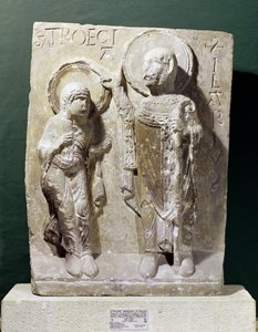ポワチエの聖ヒラリー（320-368）が聖トリアーゼの祝福を描いたレリーフ、1150年頃 作： French School