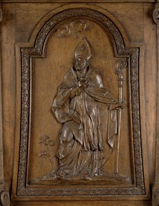 説教壇（木）からの聖メダール（c.456-545）ノヨンの司教を描いたレリーフ 作： French School