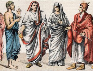 Trajes religiosos na Antiguidade: de g a d retrato de um padre grego, ministro dos sacrifícios, um Grande Pontífice na Roma antiga (Pontifex maximus), uma vestal, uma pretensa da Roma antiga e um flamingo (flamen) Sacerdote romano dedicado ao culto de um D