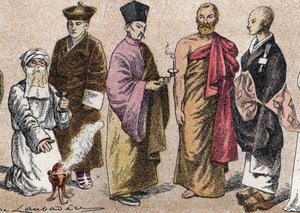 Trajes religiosos da Ásia: de g a d retrato de um padre Parsi (parse ou seguidor do parsismo), Lama (mestre espiritual tibetano), padre budista chinês, bonze do Ceilão e padre budista japonês - Gravura - Trajes religiosos na Ásia: da esquerda para a plataf 作： French School
