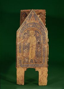聖カルミニウスの聖遺物箱、鍵を持つ聖ペテロの細部、リモージュ（銅・シャンルベ・エナメル