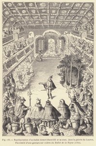 ルーヴル美術館のアンリ3世とその宮廷の前で行われたバレエの表現（エングレーヴィング 作： French School