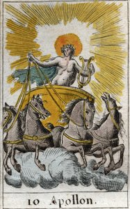 歌、音楽、詩の神であるアポロンが戦車に乗っている様子を表現したもの（Apollo, God of light, music, poetry）。ピエール・ブランシャール1803年の「青年の神話」より。 作： French School