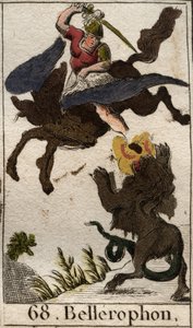 ペガサスに乗ったベレロフォンがキマイラを殺す様子を表現（Representation of Bellerophon, riding Pegasus, spearing the Chimera）。ピエール・ブランシャール1803年の「青年期の神話」より。 作： French School