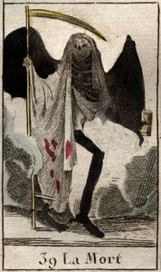 死の表現、黒い服を着て翼のある骸骨、彼は大きな偽物を持っている。死の表現、黒い服を着て翼のある骸骨、大鎌を持っている）1803年ピエール・ブランシャールの「Mythologie de la jeunesse」より。 作： French School