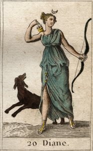 狩猟の女神ダイアナの表現、彼女は弓と矢を持っている（Representation of Diana, Goddess of the Hunt）。ピエール・ブランシャール1803年の「青少年の神話」より。 作： French School