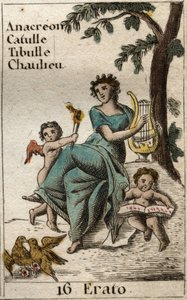 竪琴を持つ抒情詩のミューズ、エラトの表現（Representation of Erato, Muse of lyric poetry, holding a lyre）。ピエール・ブランシャール1803年の「青春の神話」より。 作： French School