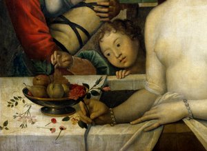 モンソー侯爵夫人ガブリエル・デストリーズ（1573-1599）の浴場での姿が描かれています。 近くには子供たちを養育する看護師がいます。子供たちの一人と果物の入ったバスケットの詳細。フランス派の絵画。16～17世紀。日 1,1x1,05 m シャンティ, m 作： French School
