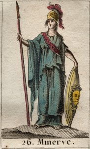 芸術、戦争、科学の女神であるミネルブを表現しています。彼女は鎧を着ている。戦争、科学、芸術の女神ミネルバが鎧を着て表現されている）。ピエール・ブランシャール1803年の「青年の神話」より。 作： French School