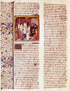 クレルヴォーの聖ベルナルド（サン・ベルナルド・ディ・キアラヴァッレ）（1090-1153）の子供の表現。絵の中央で、頭上にオーレオールを被っている。ヴァンサン・ド・ボーヴァ作『歴史的ミロワール』(Speculum Historiale) (ms. 1196, fol. 372)所収の細密画。 作： French School