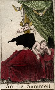 翼のある夢に囲まれた宮殿で永遠に休息する「眠り」の表現。(睡眠の神ソムヌスは、翼のある夢に囲まれた宮殿で眠っている）1803年、ピエール・ブランシャールの「青年の神話」より。 作： French School