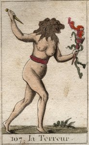 獅子頭の女性がナイフと蛇を持っている「恐怖」の表現。ピエール・ブランシャール1803年の「青春の神話」より。 作： French School
