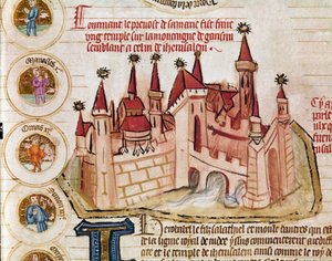 エルサレムに似た城塞都市の表現 フランス学派の写本「聖書の系図」から引用されたページ。14世紀 クレモーネ、総督府図書館 作： French School