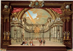 ジャン・バティスト・ポケリン・ディ・モリエール（1622-1673）の劇をヴェルサイユ宮殿の劇場で表現。19世紀のリトグラフ。装飾美術、パリ 作： French School